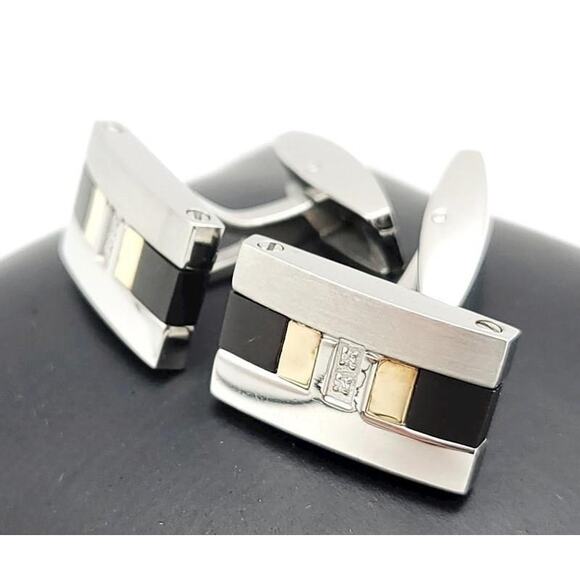 Vintage Rectangle Diamond Polished Stainless Steel Titanium 18k Gold Cufflinks - Picture 12 of 12
